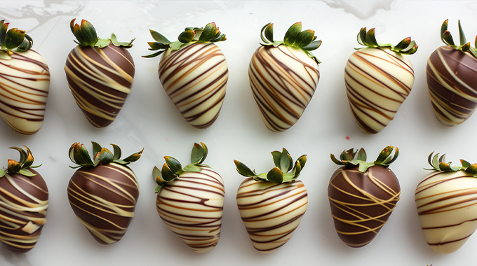 two rows of strawberries covered in milk and white chocolate