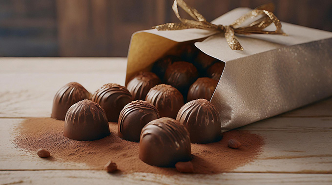 chocolate bon-bons spilling out of a gift bag onto a table covered with cocoa powder